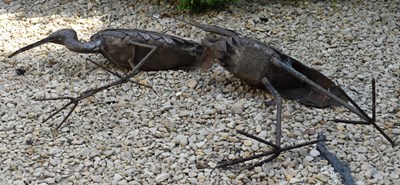 Lot 590 - TWO VINTAGE CAST METAL GARDEN HERON / STORK SCULPTURES