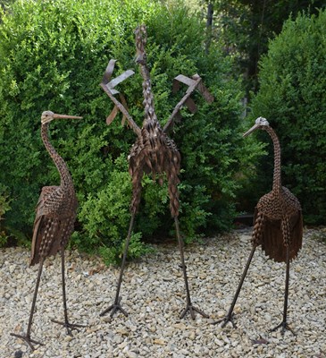 Lot 585 - THREE VINTAGE CAST METAL GARDEN HERON / STORK SCULPTURES