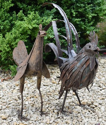 Lot 588 - TWO VINTAGE CAST METAL DECORATIVE OUTDOOR GARDEN SCULPTURES OF COCKERELS