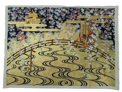 Lot 8 - JAPANESE SERIGRAPH POSTER DEPICTING PAGODA, BLOSSOM AND LAKE SCENE