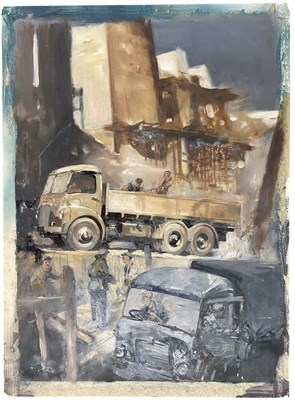 Lot 10 - ATTR. LESLIE CARR (1891-1969) - TRUCKS UNLOADING - 20TH CENTURY OIL ON BOARD