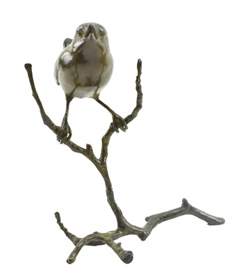 Lot 535 - PATRICIA NORTHCROFT (CONTEMPORARY) - BRONZE WORKED SCULPTURE OF PERCHED BIRD ON BRANCH