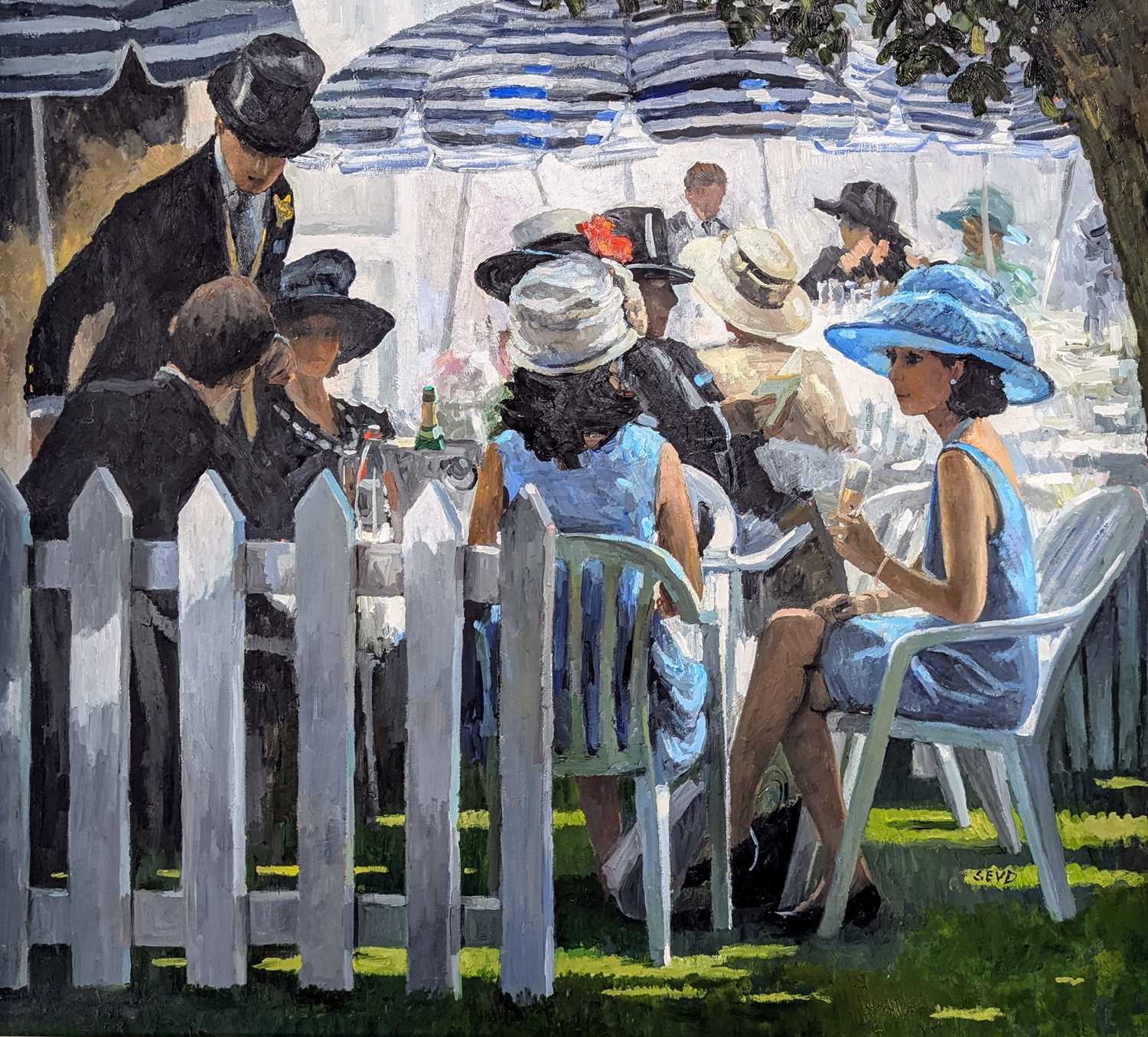 Lot 405 - SHERREE VALENTINE-DAINES (B. 1959) - ASCOT CAFE - OIL ON BOARD