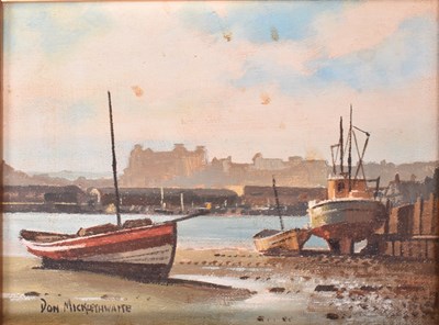 Lot 107 - DON MICKLETHWAITE - UNTITLED SCENE OF BOATS AT HARBOUR - OIL ON BOARD PAINTING