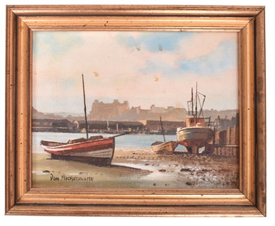 Lot 107 - DON MICKLETHWAITE - UNTITLED SCENE OF BOATS AT HARBOUR - OIL ON BOARD PAINTING