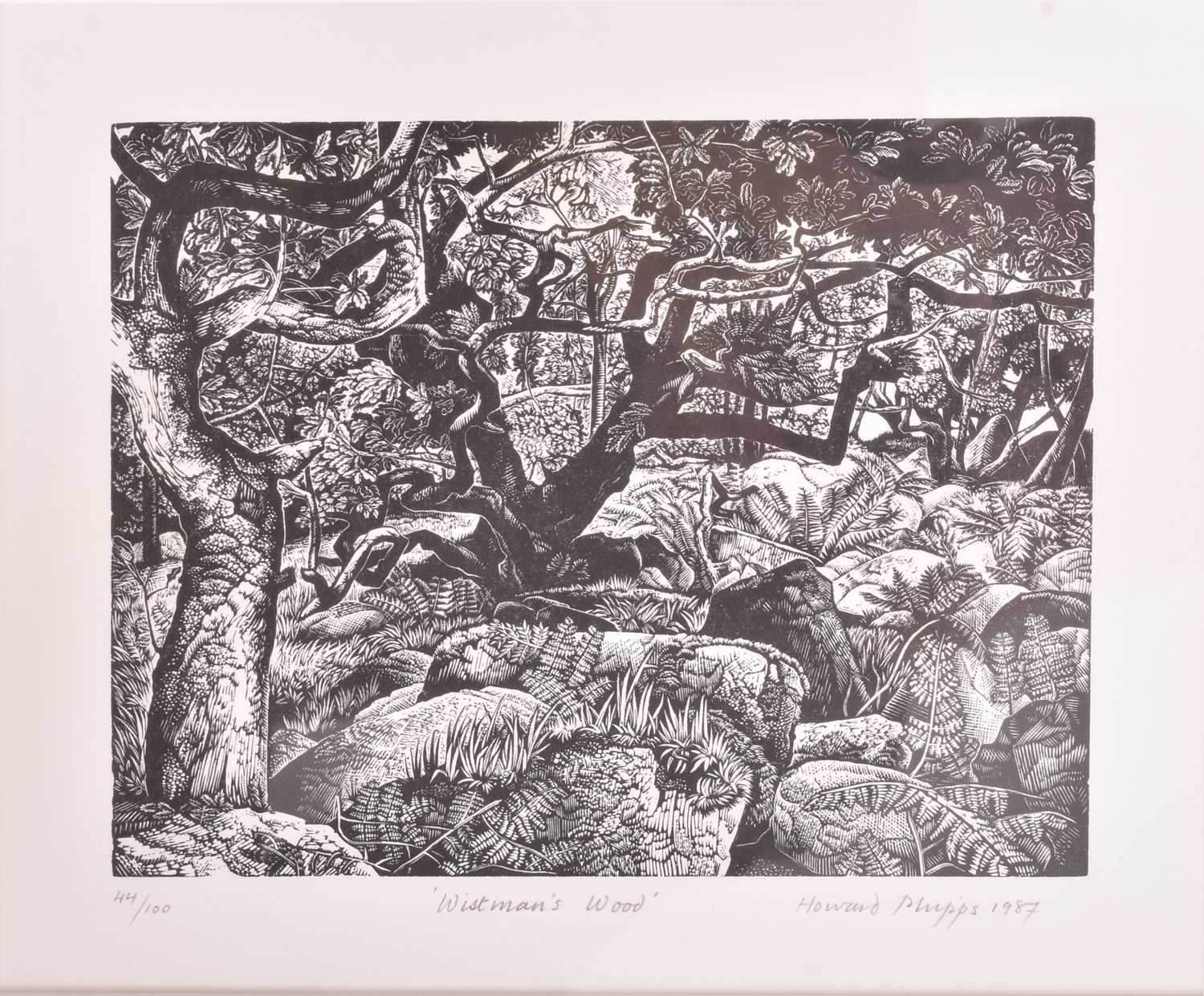 Lot 121 - HOWARD PHIPPS (B. 1954) - WHITMAN'S WOOD - 1987 PRINT OF WOODCUT ENGRAVING