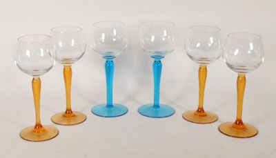 Lot 443 - SIX LATE 20TH CENTURY VINTAGE WINE GLASSES WITH COLOURED STEMS