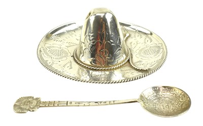 Lot 79 - 20TH CENTURY MEXICAN SILVER SOMBRERO HAT & A MOON SPOON