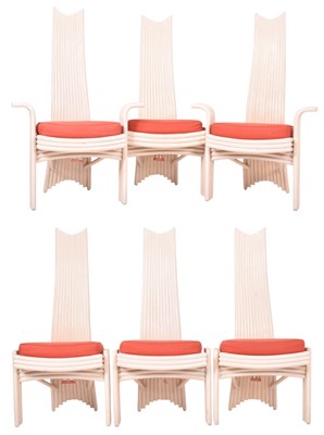 Lot 7 - ATTR. TO MCGUIRE - SIX MID CENTURY C1970S WHITE BAMBOO DINING CHAIRS