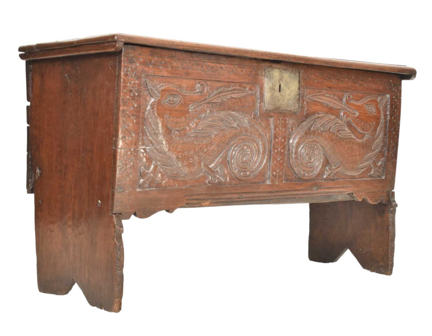 Lot 400 - SMALL 17TH CENTURY CARVED OAK PLANK COFFER