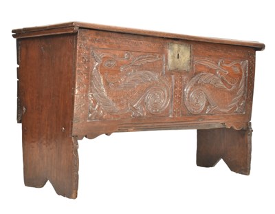 Lot 400 - SMALL 17TH CENTURY CARVED OAK PLANK COFFER