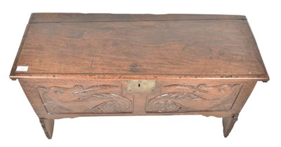 Lot 400 - SMALL 17TH CENTURY CARVED OAK PLANK COFFER