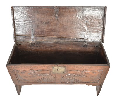 Lot 400 - SMALL 17TH CENTURY CARVED OAK PLANK COFFER