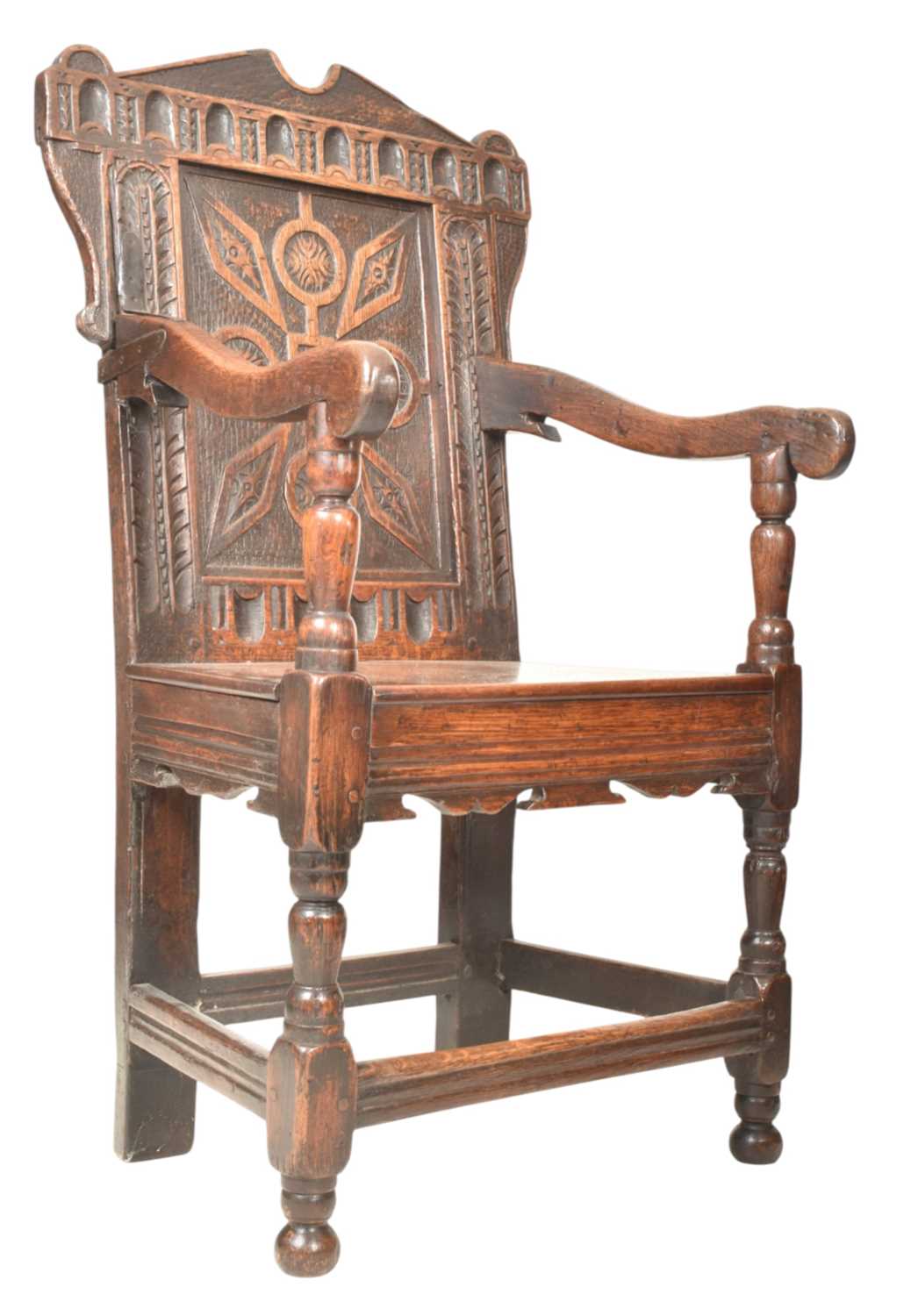Lot 275 - CHARLES I CARVED OAK PANELLED BACK THRONE ARMCHAIR