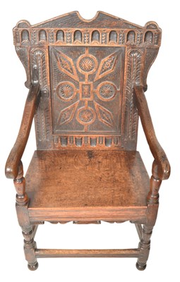 Lot 275 - CHARLES I CARVED OAK PANELLED BACK THRONE ARMCHAIR