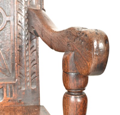 Lot 275 - CHARLES I CARVED OAK PANELLED BACK THRONE ARMCHAIR