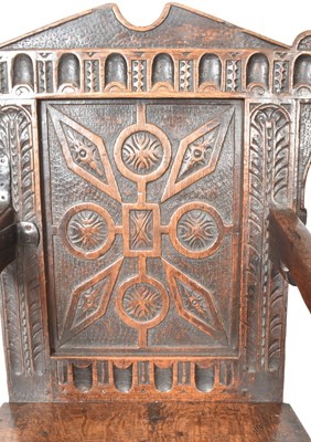 Lot 275 - CHARLES I CARVED OAK PANELLED BACK THRONE ARMCHAIR