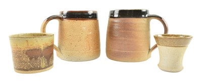 Lot 44 - MUCHELNEY POTTERY - TWO STUDIO POTTERY STONEWARE TANKARDS & TWO TRINKET DISHES
