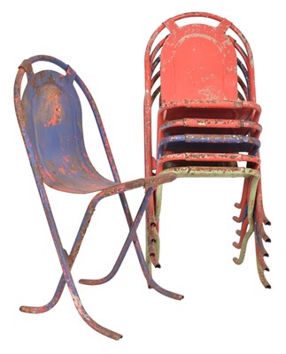 Lot 647 - SIX VINTAGE GARDEN OUTDOOR PAINTED CAST IRON BENT CHAIRS IN RED, GREEN & BLUE