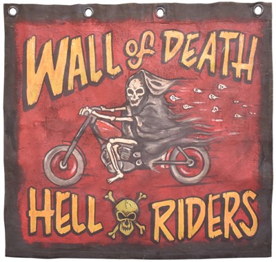 Lot 186 - WALL OF DEATH - HELL RIDERS - MID CENTURY 1950S FUNFAIR FLAG