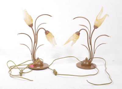 Lot 553 - PAIR OF ITALIAN TOLEWARE TABLE LAMPS WITH FLOWER HEAD GLASS SHADES