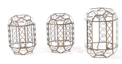 Lot 1016 - THREE MATCHING GLASS & LATTICE METAL WORK PORCH LANTERNS