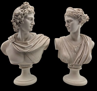 Lot 332 - PAIR OF 20TH CENTURY COMPOSITE MARBLE BUSTS OF APOLLO & DIANA