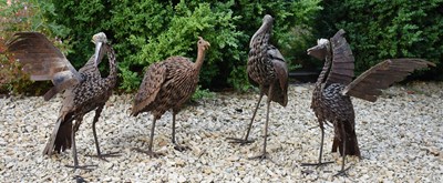 Lot 592 - FOUR VINTAGE INDUSTRIAL RECYCLED CAST METAL WORKED OUTDOOR GARDEN SCULPTURES OF BIRDS