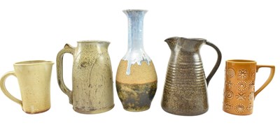 Lot 14 - FIVE STUDIO POTTERY STONEWARE & CERAMIC EWER JUGS & A VASE