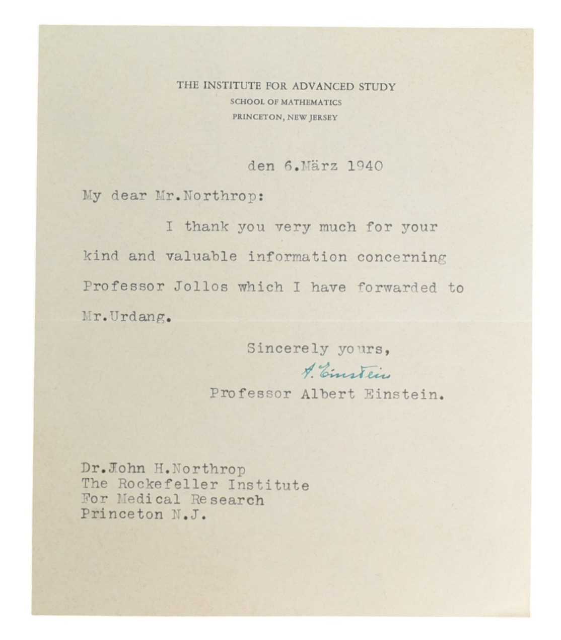 Lot 10 - SCIENCE - ALBERT EINSTEIN - AUTOGRAPHED LETTER TO DR NORTHROP