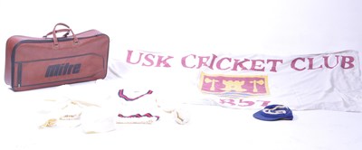 Lot 229 - 20TH CENTURY MITRE LEATHER BAG WITH USK CRICKET CLUB FLAG & UNIFORM