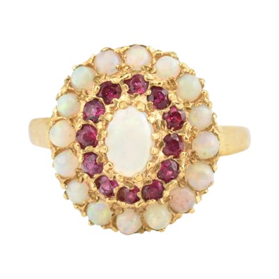Lot 379 - HALLMARKED 9CT GOLD OPAL & RUBY CLUSTER RING