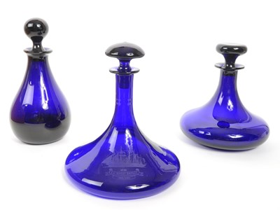 Lot 431 - COLLECTION OF X3 BLUE GLASS DECANTERS