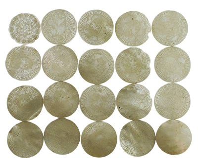 Lot 119 - QING DYNASTY HAND CARVED MOTHER OF PEARL GAME TOKENS 清 十三行贝母·筹码