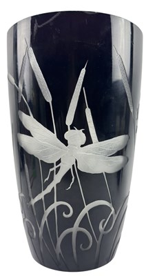 Lot 138 - VINTAGE FRENCH BLACK / AMETHYST CUT GLASS WITH INCISED FROTSTED DRAGONFLIES & BULLRUSHES