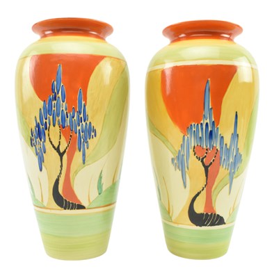 Lot 20 - CLARICE CLIFF - WINDBELLS PATTERN - PAIR OF BIZARRE RANGE 1930S CERAMIC BALUSTER VASES