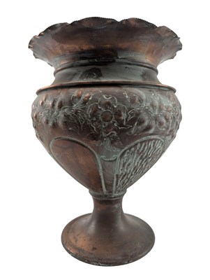 Lot 436 - ARTS & CRAFTS EARLY 20TH CENTURY EMBOSSED COPPER PLANTER VASE
