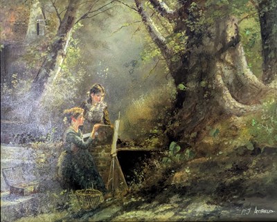 Lot 434 - PAUL J. ATTFIELD (B. 1950) - TWO GIRLS PAINTING OIL ON PANEL PAINTING