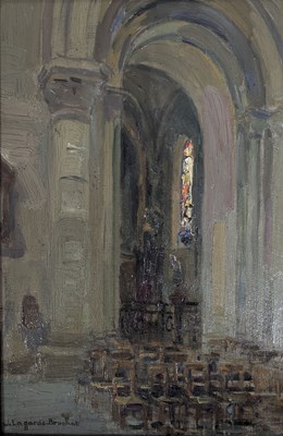 Lot 335 - MARIE-JEANNE LAGARDE-BROCHOT (B. 1888) - CHURCH INTERIOR OIL ON CANVAS