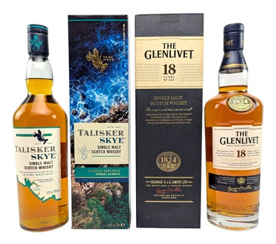 Lot 177 - 18 YEARS OLD GLENLIVET IN BOX T/W TALISKER SKYE WHISKY BOTTLES (2)
