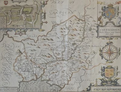 Lot 377 - JOHN SPEED - CAERMARDEN BOTH SHYRE AND TOWNE 1662 MAP FRAMED