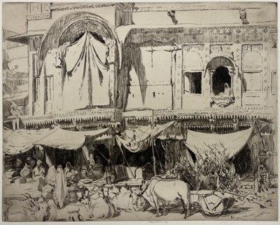 Lot 527 - ERNEST STEPHEN LUMSDEN - THE MARKET PLACE, JOGHPUR - 1914 ETCHING