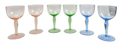 Lot 57 - SET OF SIX MULTI COLOURED ART DECO WINE GLASSES