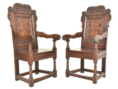 Lot 284 - PAIR OF 19TH CENTURY CHARLES I REVIVAL OAK & MARQUETRY INLAID ARMCHAIRS