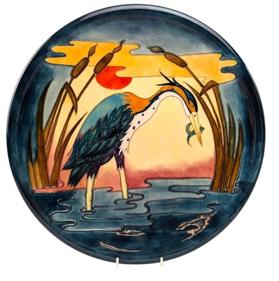 Lot 95 - PHILIP RICHARDSON FOR MOORCROFT - HERON-REEDS AND SUNSET - CHARGER PLATE IN ORIG. BOX & BAG