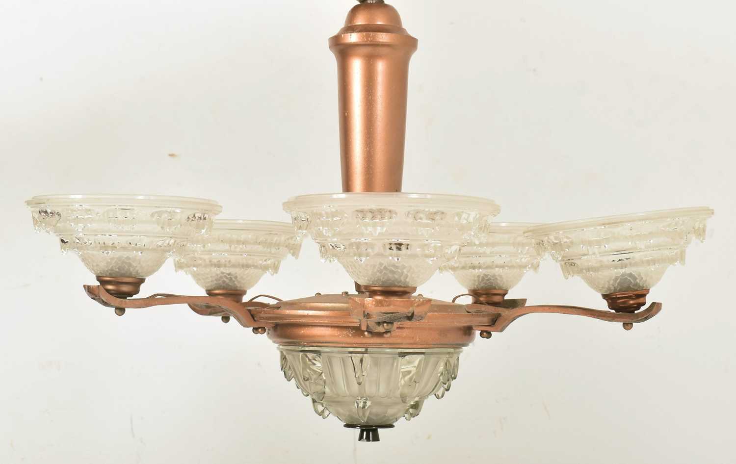 Lot 432 - ART DECO STYLE CEILING CHANDELIER WITH FIVE FROSTED SHADES