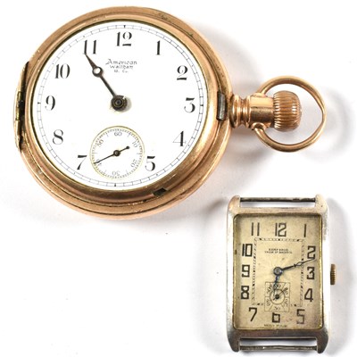 Lot 410 - GOLD PLATED WALTHAM POCKET WATCH & ART DECO TANK FACED WATCH