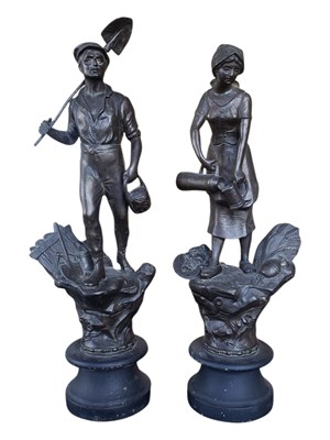 Lot 281 - PAIR OF FRENCH SPELTER AGRICULTURAL FIGURES ON WOODEN PLINTH BASES