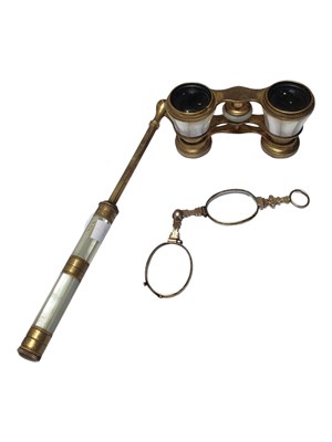 Lot 285 - FRENCH 19TH CENTURY MOTHER OF PEARL OPERA GLASSES AND LORGNETTE