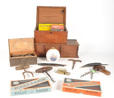 Lot 311 - BOX OF COLLECTIBLES INCL KEYS, ROLLS RAZORS & CORK SCREWS